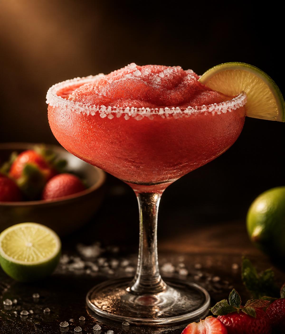 Frozen strawberry margarita with salt rim and lime